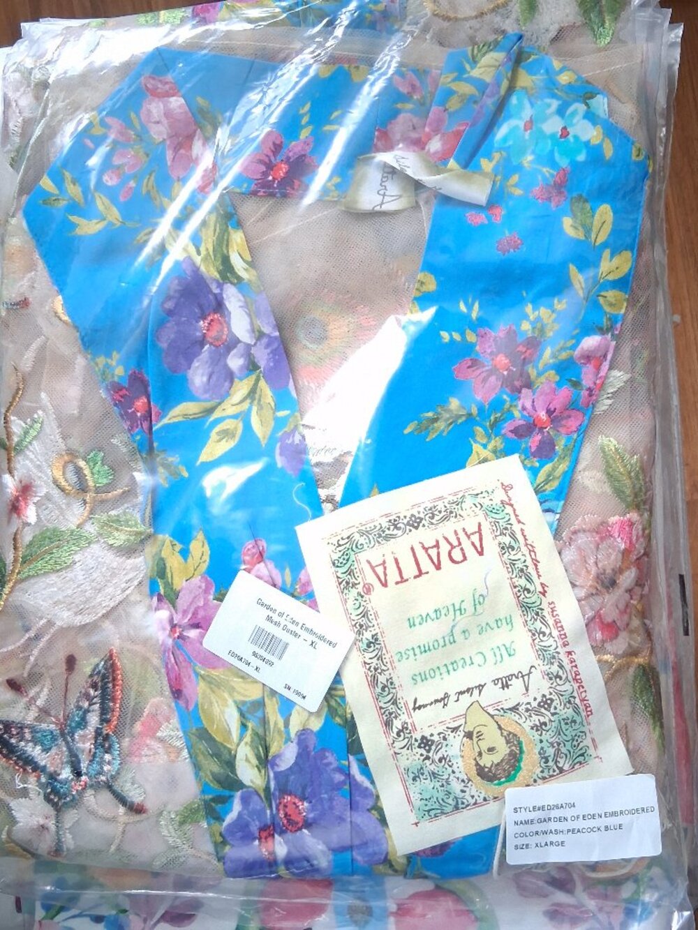 Aratta Garden Of Eden Embroidered Blue Floral Mesh Duster sz XL NWT - Picture 6 of 11